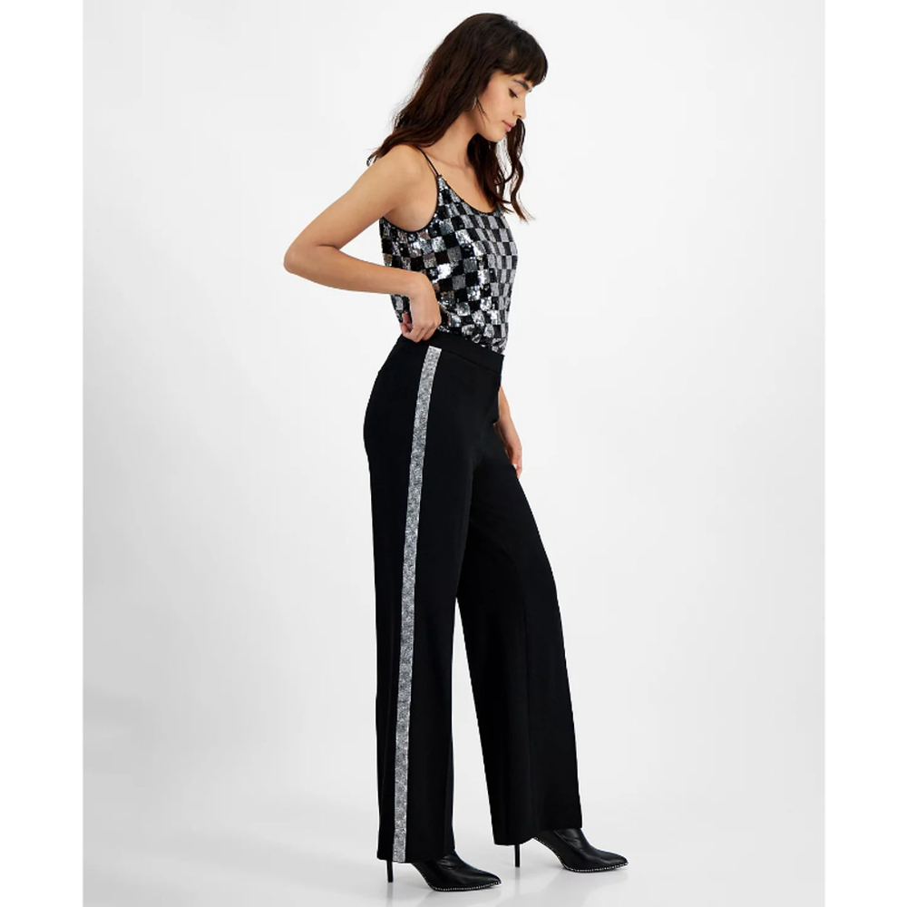 Bar III Women's Size 0 Black High Rise Rhinestone-Trim Crepe Pants NWT